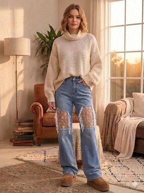 Denim Blvd Distressed Floral Patch High Rise Jeans